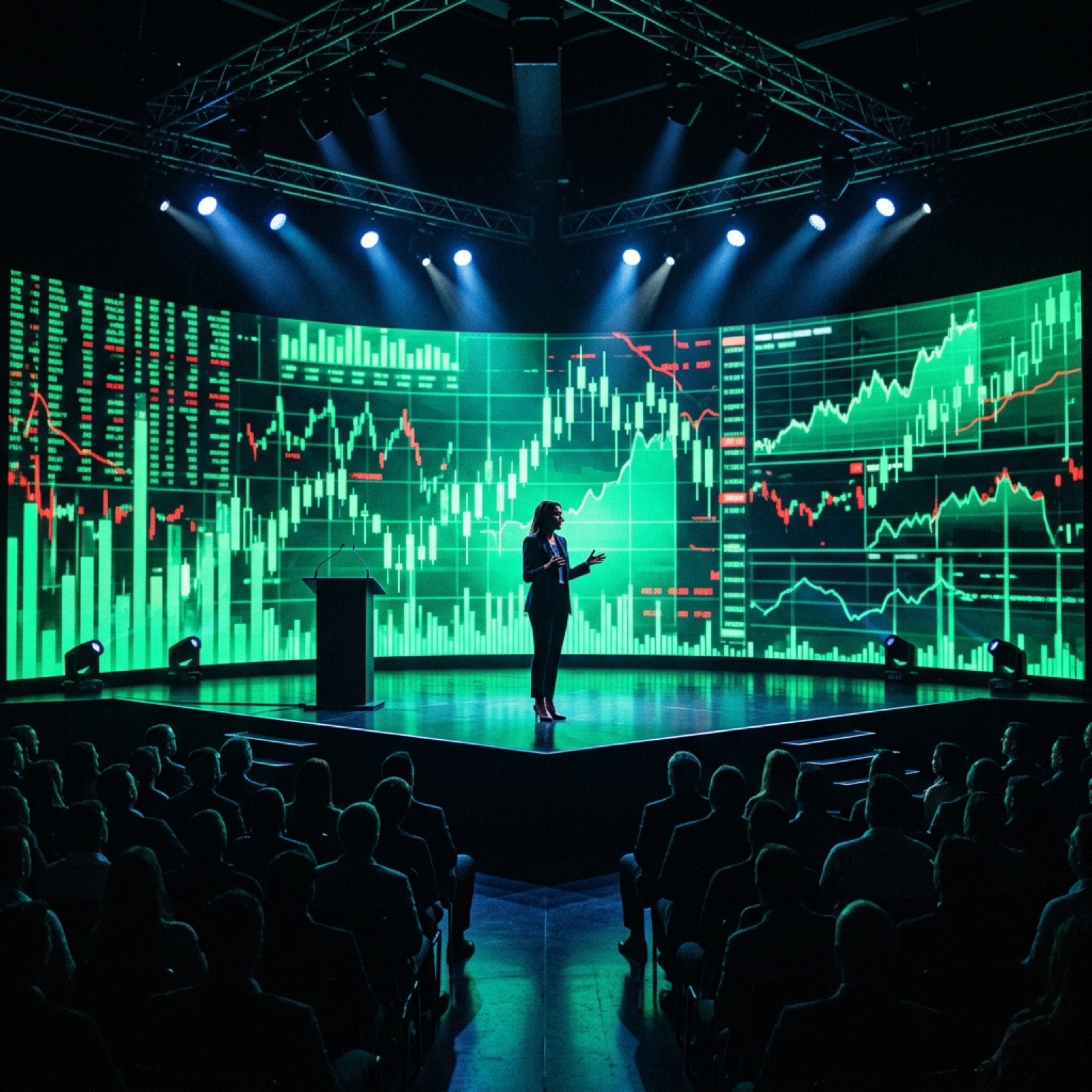 Broadcast stage with market data screens above a packed floor